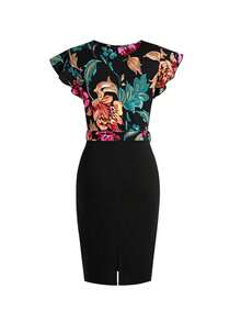 Vestido midi con estampado floral y cuello en V con mangas cortas, elegante para vacaciones - Multicolor - Ver 9