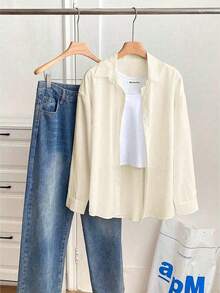Camisa casual de manga larga, de un solo pecho, de unicolor y holgada para mujer - Albaricoque - Ver 3