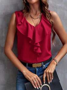 Blusa sin mangas con ribete de volantes, blusas sin mangas de verano elegantes para damas - Rojo - Ver 5