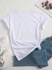 Camiseta de manga corta con cuello redondo y estampado minimalista para mujer, ideal para vacaciones de verano y uso casual. - Blanco 2 - Ver 2