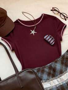 2026 Nueva Moda Camiseta Casual Versátil de Mujer con Cuello Redondo y Mangas Cortas, Contraste de Ribetes, Top de Verano, Ropa Casual de Primavera para Exteriores, Top Casual Amarillo Y2K - Rojo violeta - Ver 3