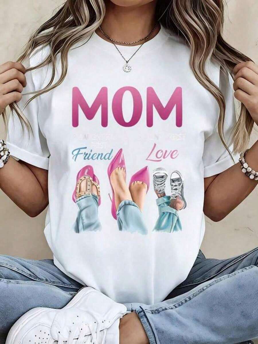 Camisetas Casuales para Mujer, Camiseta con Estampado de Amor para Mamá y Amiga, Regalo para el Día de la Madre, Ropa Casual, Camiseta para Mujer, Estilo Y2K, Camisetas de Moda de Verano, Conjuntos y Tops Casuales de Streetwear - Blanco - Ver 1