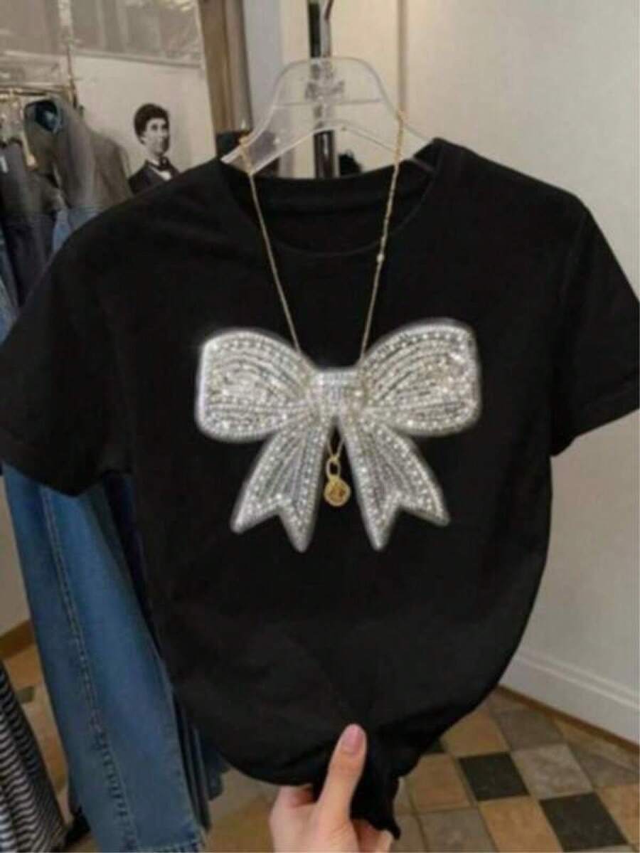 1pc Camisetas para mujer,Camisetas Para Hombre,cuello redondo,estilo urbano juvenil,estilo streetwear,diseño de moda callejera,ideal para uso informal diario - Negro - Ver 1