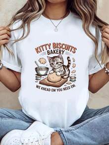 Camiseta de Mujer con Estampado de Galletas de Gato, Diseño "Stepping on Milk Makes Little Biscuits", Cuello Redondo, Manga Corta para Primavera/Verano - Blanco - Ver 1