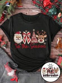 New 2026 Playera estampada, con diseños decorativos de navidad, llamativo para esta temporada, colorido, moderno, holgado, cuello redondo, manga corta, para fiestas de temporada y uso diario, ideal para toda la familia - Negro - Ver 6