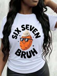Six Seven Bruh Carrot T-Shirt With Sunglasses And Whipped Cream, Funny Casual Graphic T-Shirt For Women - 白色 - 查看 7