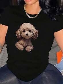 Camiseta Casual de Manga Corta para Mujer con Estampado de Perro Lindo - Cuello Redondo Suave y Elástico, Lavable aáquina, Cómoda para Todas las Estaciones, Ropa Casual, Diseño Divertido, Fácil de Cuidar, Camisa de Moda, Patrón Abstracto, Material Elástico, Blusa Elegante, Verano - Negro - Ver 2