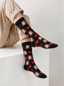 1 par de calcetines personalizables con patrón de cara neutra, añade tu propio diseño de foto, calcetines exclusivos, estilo de pareja, adecuados para la familia - Multicolor - Ver 2