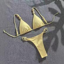 Bikini triangular sexy con cuello halter y lazo para mujer, traje de baño de dos piezas para vacaciones en la playa. - Amarillo - Ver 3
