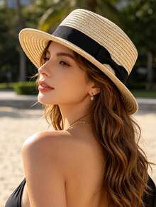 1 pezzo Cappello di paglia bohémien in poliestere, cappello da sole da donna alla moda con ampia tesa, personalizzato, traspirante, di colore unito, adatto per uso quotidiano all'aperto - Multicolore - Visualizzare 6