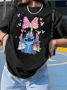 Officially Licensed, Women's Short-Sleeved Cotton T-Shirt With Round Neck, Featuring A Castle Graphic Print And Stitching, Regular Fit, Breathable And Lightweight, Suitable For Sports And Casual Wear, Ideal For Gifts, Suitable For Parties. - 黑色 - 查看 1