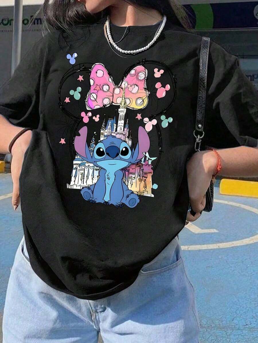 Officially Licensed, Women's Short-Sleeved Cotton T-Shirt With Round Neck, Featuring A Castle Graphic Print And Stitching, Regular Fit, Breathable And Lightweight, Suitable For Sports And Casual Wear, Ideal For Gifts, Suitable For Parties. - 黑色 - 查看 1