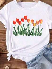 Women's Casual Popular Cute Floral Style Fashion Graphic T-Shirt Clothing Fashion Print Short Sleeve O-Neck T-Shirt Must-Have - 白色 - 查看 1