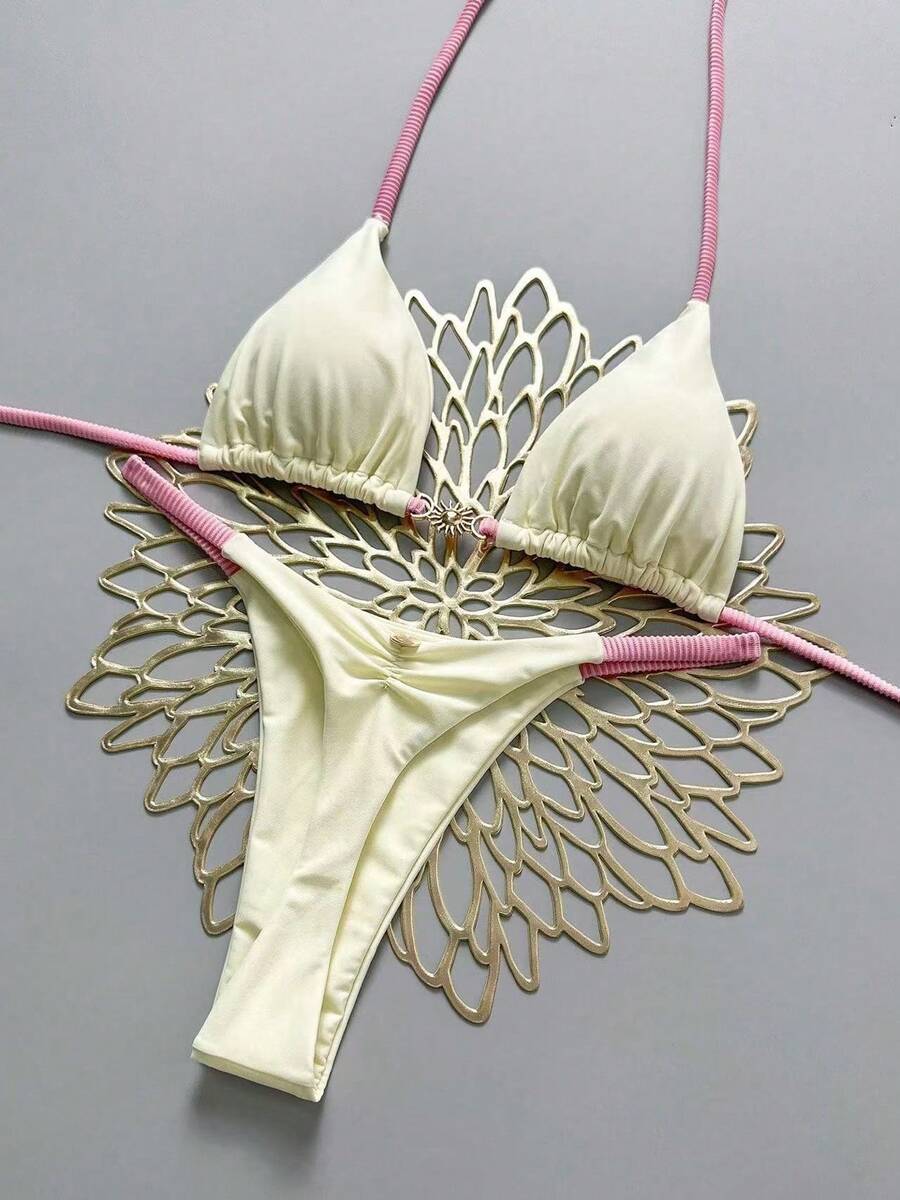 New Sexy Bikini, Two-Piece Swimsuit For Women With Halter Neck And Solid Color. - 象牙白 - 查看 1