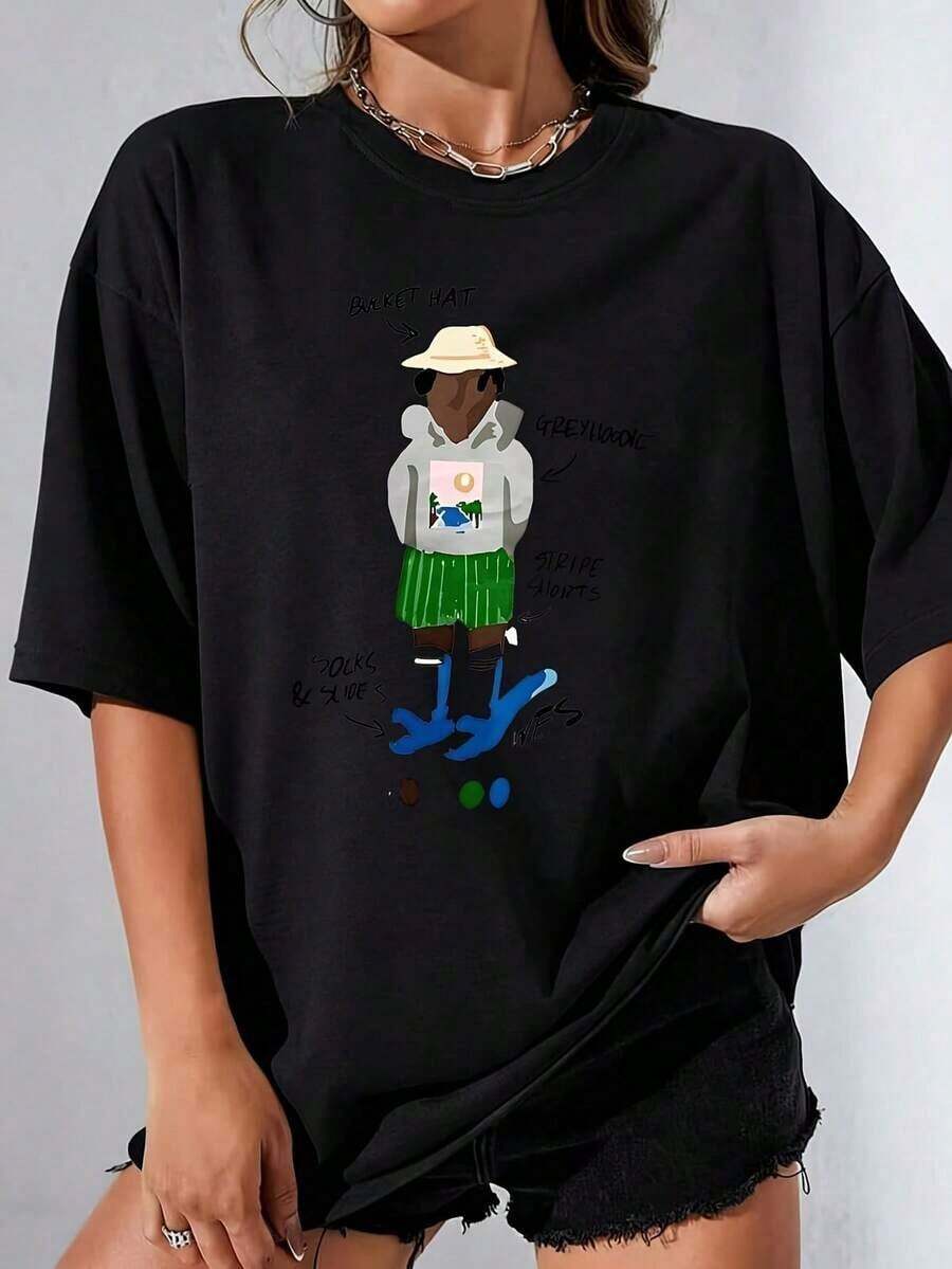 Women's Color Sketch Sets Women's T-Shirt 100% Polyester Plus Size Casual Fun Graphic Print Short Sleeve 1 Piece Crew Neck Novelty Women's T-Shirts - 黑色 - 查看 1
