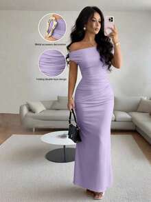 Women's Fitted Party Dress With Off-The-Shoulder Design And Elegant Metallic Details - 軍綠色 - 查看 1