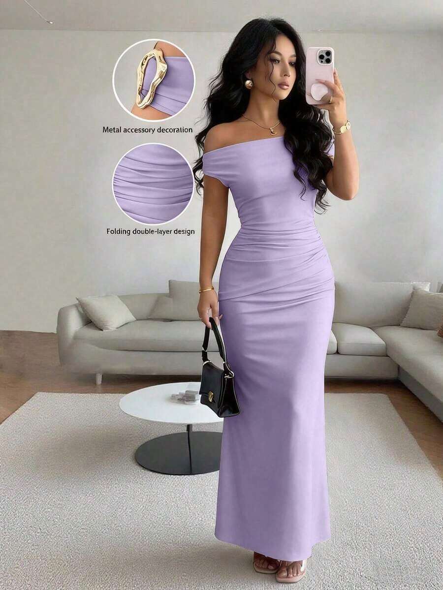Women's Fitted Party Dress With Off-The-Shoulder Design And Elegant Metallic Details - 軍綠色 - 查看 1