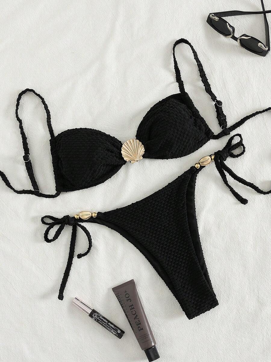 Metallic Shell Decoration, Solid Color, Lace-Up Style, Sexy And Cute Bikini For Parties. - 黑色 - 查看 1