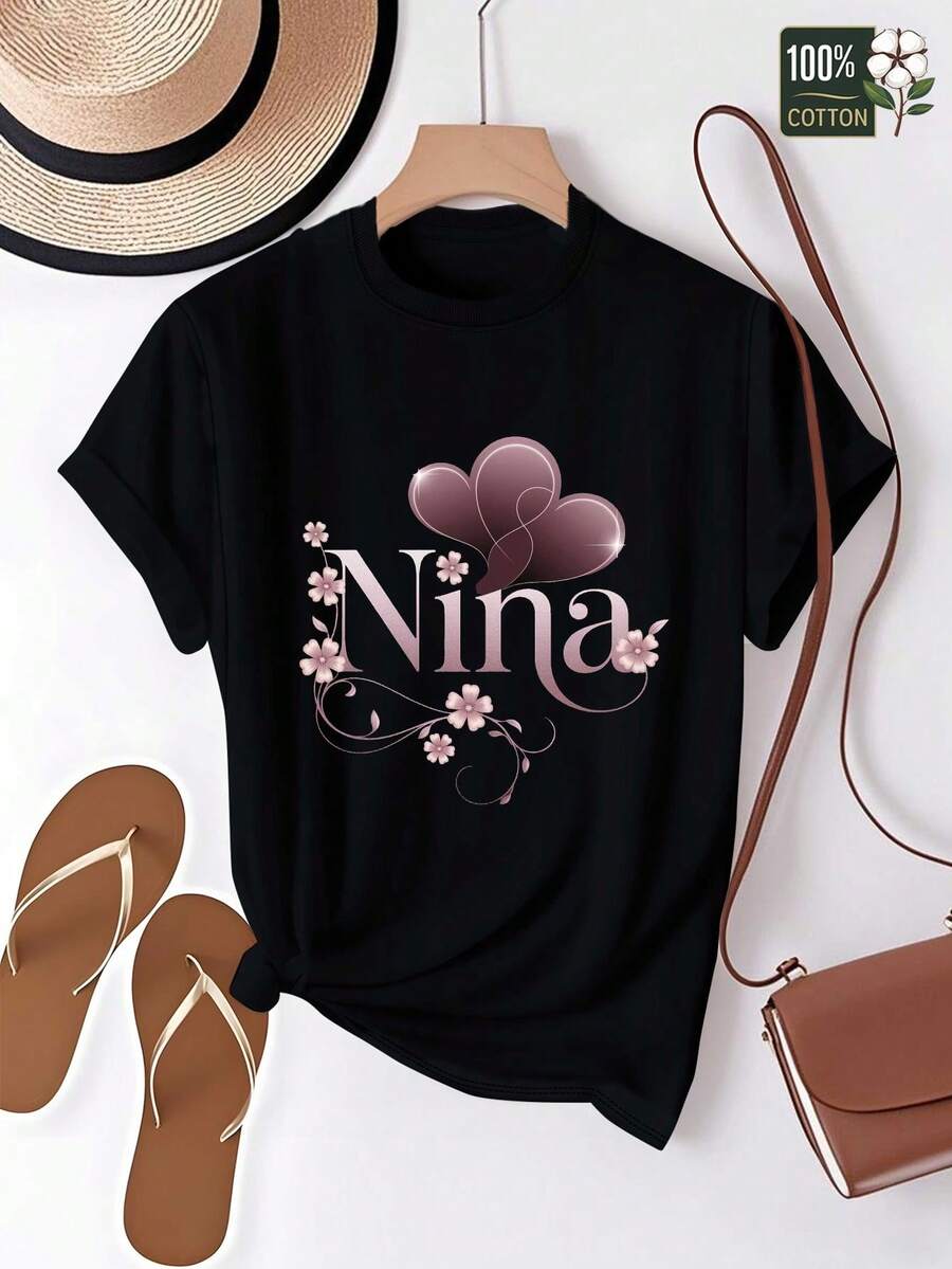 Nina Women's T-Shirt With Floral Design And Ornamental Font, Comfortable Fit - 黑色 - 查看 1