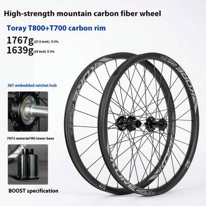 1 Pair KORE Carbon Fiber Mountain Bike Wheelset, High Strength For Cross-Country, Trail & Dirt Jump, 6-Bolt, Thru-Axle, Ultra-Lightweight Carbon Wheels, Available In 27.5"/29" Size, HG/XD/MS Boost Freehub Options, Tough & Durable, Stable Handling, Perfect Off-Road Gift For MTB Enthusiasts