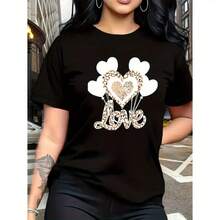 Women's Graphic T-Shirt With Leopard Heart Print, Short Sleeves, Round Neck, Loose Fit, Soft And Lightweight, Ideal For Everyday Wear, Streetwear, Valentine's Day Outfit. - 黑色 - 查看 5
