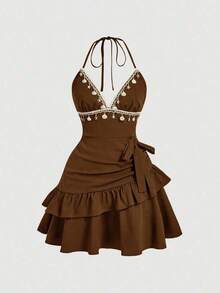 MOD Shell Pendant Necklace, Casual Mini Dress For Summer - Brown - View 3