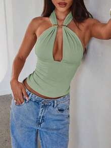 Camiseta sin espalda con cuello halter y decoración de hebilla de metal hueca sexy para mujer - Verde - Ver 6