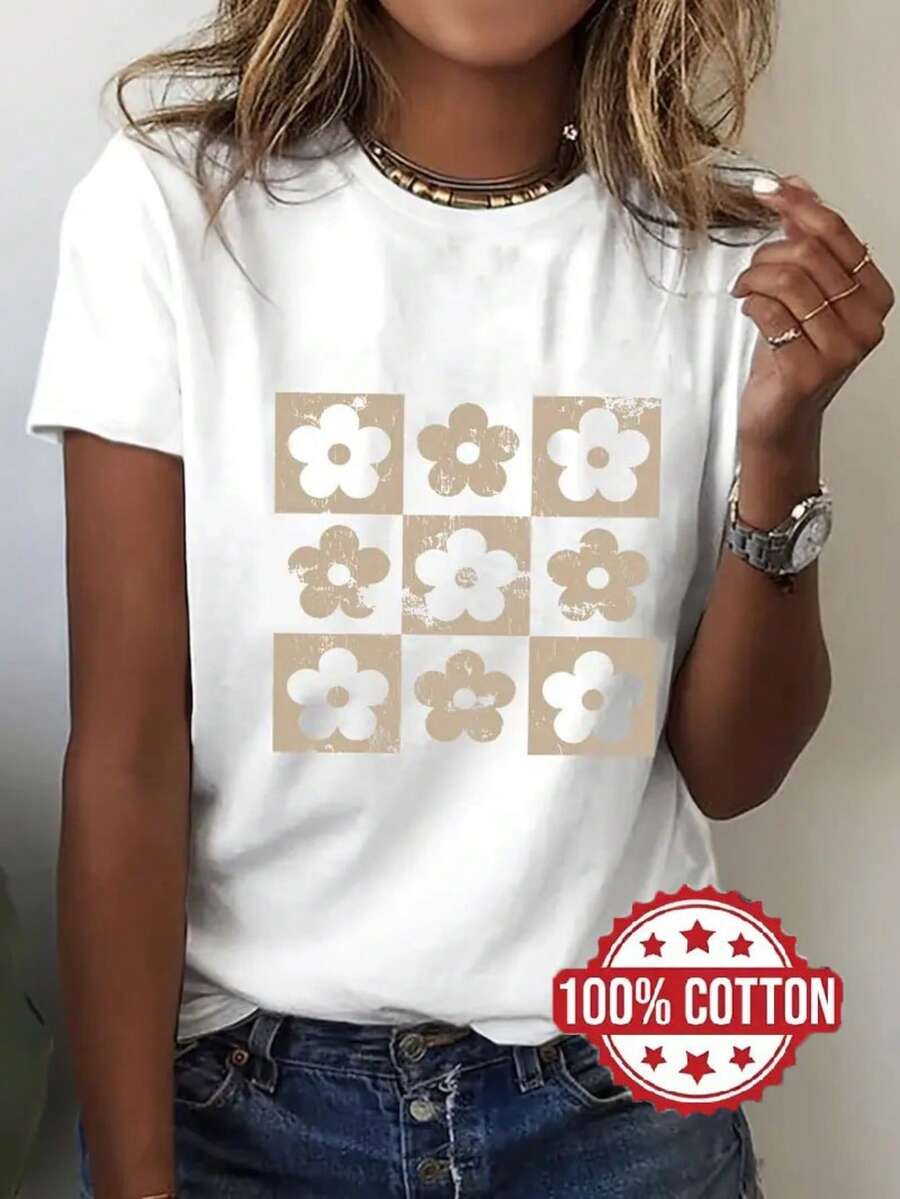 Women's T-Shirt, Beige And White With Daisy Floral Print, Short Sleeves, Fashionable Printed T-Shirt, 100% Cotton, Round Neck, Short Sleeves, Loose Fit With Dropped Shoulders, Sweat-Absorbing And Breathable, Comfortable Casual Home Wear, Suitable For Layering In Autumn And Winter, Or As An Outer Garment In Spring And Summer, Versatile Short-Sleeved Sports T-Shirt, Breathable And Sweat-Absorbing That Simplifies Daily Clothing Options. - 白色 - 查看 1