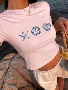 Summer Mother's Day New Fashionable Versatile Casual Shell & Starfish Beach Print Round Neck Short Sleeve T-Shirt For Women Pink - Pink - View 2