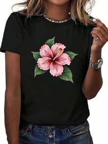 ropa de mujer Camiseta Suave de Mujer con Estampado de Flor de Hibisco Rosa Vibrante - Diseño Tropical de Hibisco Hawaiano y Hojas Verdes, Ajuste Cómodo, Manga Corta, Cuello Redondo, Transpirable, Ropa Casual y de Gimnasio, Lavable a Máquina, Top de Inspiración Hawaiana para Atuendos Diarios, camisas de mujer - Negro - Ver 6