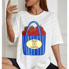 Camiseta de Algodón FashionNEW Blanca con Estampado de Cesta de Frutas y Fresas, con Logotipo de Gato y Texto Lulustore, Ropa Casual de Verano para Mujer - Estilo Urbano Vintage, Unisex, Holgada, de Algodón, Manga Corta, Cuello Redondo - Blanco - Ver 4