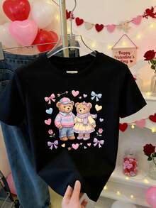 Camiseta de manga corta para mujer con estampado de ositos de peluche y corazones en tonos pastel, ideal para el Día de San Valentín. vestidos de graduación - Negro - Ver 2