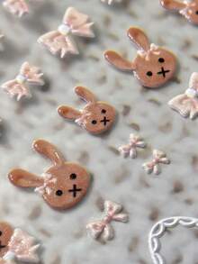1pc Beige Rabbit Bow 5D Embossed Nail Sticker, Beige Rabbit + Pink Bow + White Lace, Ins Style Soft Nude Color Nail Art Decor Sticker With Self-Adhesive For DIY Nail Stickers - Multicolor - View 3