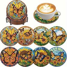 8 pièces Set de sous-verres en peinture de diamant - Motif papillon, surface en diamant ronde et brillante, adhésif robuste, kit d'outils complet, facile pour les débutants, artisanat anti-stress, cadeau pour le Nouvel An, la Saint-Valentin, Noël, la Fête des Enseignants, sous-verres de décoration pour la maison pour la famille, les amis, la petite amie, l'enseignant - Multicolore - View 2