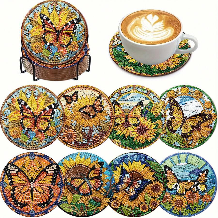 8 pièces Set de sous-verres en peinture de diamant - Motif papillon, surface en diamant ronde et brillante, adhésif robuste, kit d'outils complet, facile pour les débutants, artisanat anti-stress, cadeau pour le Nouvel An, la Saint-Valentin, Noël, la Fête des Enseignants, sous-verres de décoration pour la maison pour la famille, les amis, la petite amie, l'enseignant