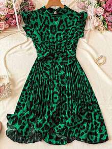 Vestido de verano para mujer de unicolor con mangas cortas, cuello alto, cintura plisada, para vacaciones y playa - Multicolor 7 - Ver 1