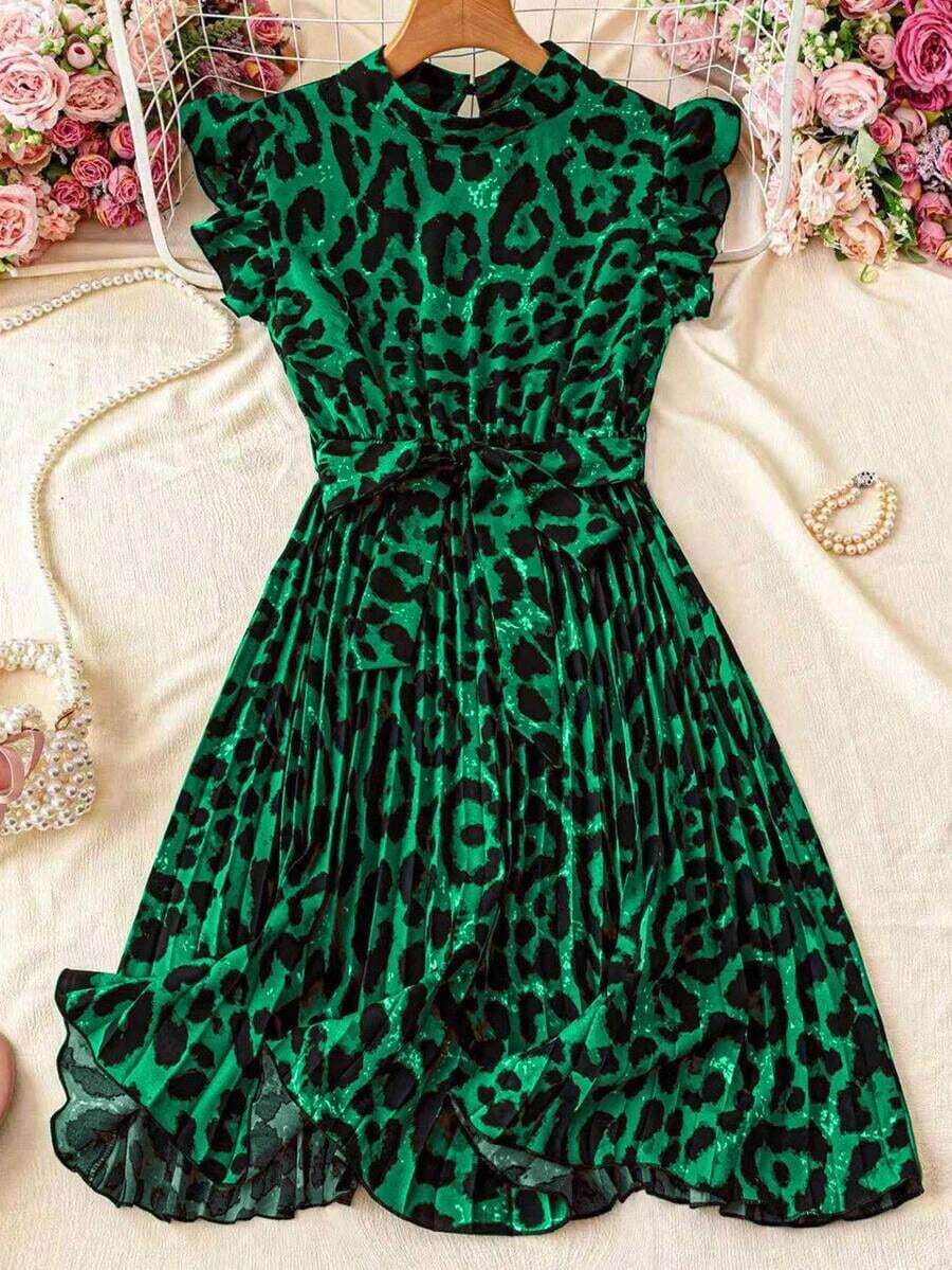 Vestido de verano para mujer de unicolor con mangas cortas, cuello alto, cintura plisada, para vacaciones y playa - Multicolor 7 - Ver 1