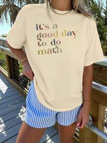 Women's Short-Sleeve Round-Neck T-Shirt, 100% Polyester Fiber, Machine Washable, Easy To Care For, Casual Pattern With Colorful Letter Prints, Fun Math-Themed Design, Minimalist Casual Shirt Summer New Style Top For Daily Wear And Travelplayeras de mujer - Albaricoque - Ver 7