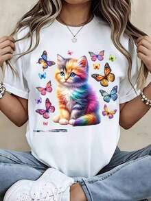 Camisetas Casuales para Mujer, Camiseta de Cuello Redondo con Estampado Colorido de Gato Arcoíris y Mariposas, Manga Corta, Top Casual de Verano para Uso Diario, Camiseta para Mujer, Estilo Y2K, Camisetas de Moda de Verano, Conjuntos y Tops Casuales de Streetwear. - Blanco - Ver 6