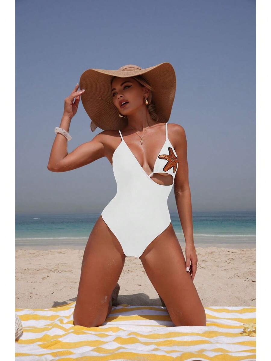Nuevo Traje de Baño de Una Pieza Sexy y a la Moda para Mujer, Color Sólido con Diseño de Pentagrama, Traje de Baño Más Vendido. - Traje de baño blanco 9360 - Ver 1