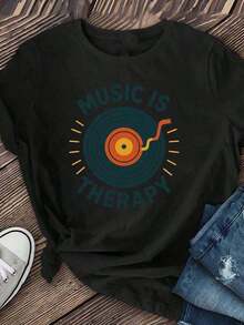 Women's Short-Sleeved Music Disco Style T-Shirt, Casual Short-Sleeved T-Shirt For Spring And Summer, Women's Summer And Autumn Clothing, Casual Short-Sleeved T-Shirt. - 黑色 - 查看 2