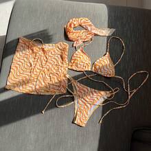 Nuevo traje de baño sexy de tres piezas con tiras ajustables y pañuelo para la cabeza. - naranja - Ver 12