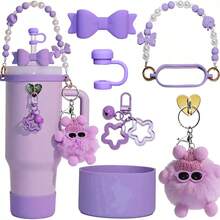 7-Piece Tumbler Accessory Set, Suitable For 30oz/40oz Cups, Includes 10mm Straw Lid, Bow Decor, Pearl Handle Chain, Heart Charm, Plush Ball, Star Pendant, Silicone Sleeve, Cute Student Style Decorations, Suitable For Women, Fashion Accessories, Gifts, Souvenirs, Valentine's Day, Back To School, Graduation, Outdoor Activities Like Camping - Multicolor - View 13