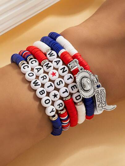 6pcs/Set Soft Clay Beaded Patriotic Star Bracelet Set, Cowboy Boot, Hat, Pendant Charm Bracelet, Fashionable Street Style For Summer Party, Commemorating 250th Anniversary Of American Independence