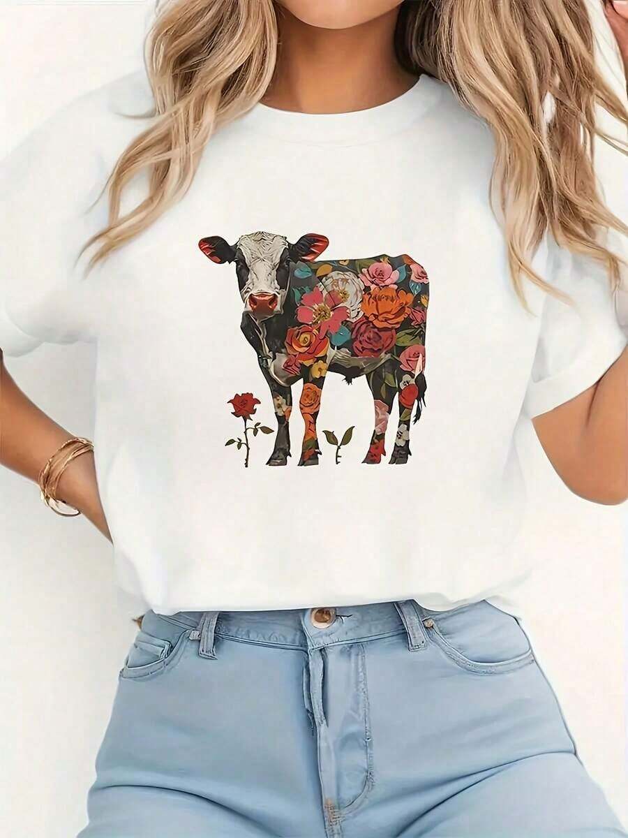 Camisetas de manga corta de talla grande, suaves y transpirables para mujer - Tops casuales de corte holgado para uso diario, camiseta de manga corta estampada con diseño floral, camiseta con estampado de vaca, top casual de cuello redondo y manga corta, para verano y primavera, top de mujer transpirable y cómodo. - Blanco - Ver 1