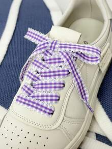 1 Pair Classic Plaid Design Shoelaces, Silk Shoelaces With Lace Trim, Suitable For Replacing Most Footwear - Multicolor - View 11