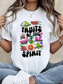 Casual T-ShirtFruits Of The Spirit T Shirt White Casual Loose Fit Graphic Print With Bible Verse And Fruit Designs100% CottonDurable - 白色 - 查看 1