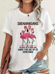 Camiseta de Mujer - Camiseta de Mujer Talla Grande con Estampado de Flamencos - Camiseta Divertida con Diseño de "Broma", Diseño de Flamencos Rosados, Cuello Redondo Casual, Tela Ligera, Adecuada para Primavera y Verano. Camiseta Casual de Mujer Talla Estándar, Transpirable, Ligera, de Manga Corta. - Blanco - Ver 7