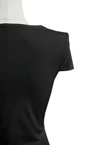 Camiseta de mujer de unicolor, elegante, con escote en V y mangas cortas cruzadas - Negro - Ver 4