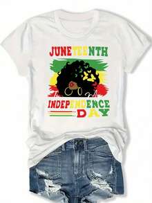 Women's Plus Size Casual T-Shirt With Crew Neck And Vibrant Juneteenth Independence Day Graphic Print, Short Sleeve, Loose Fit, Polyester, Summer And Spring Clothing, Casual Wear | Graphic Print Top | Comfortable Fit, Ladies' T-Shirts - 白色 - 查看 6
